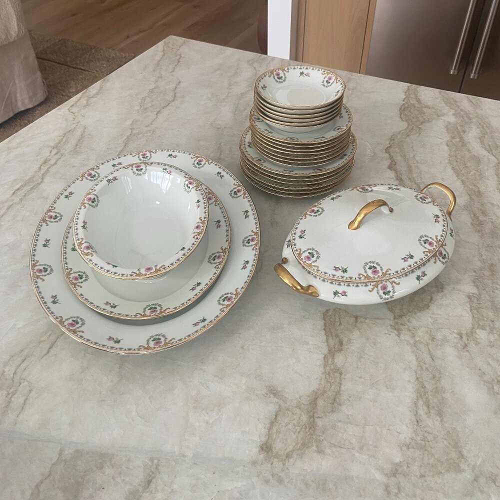Vintage Limoges Rose Floral China 5 Piece Serveware Set